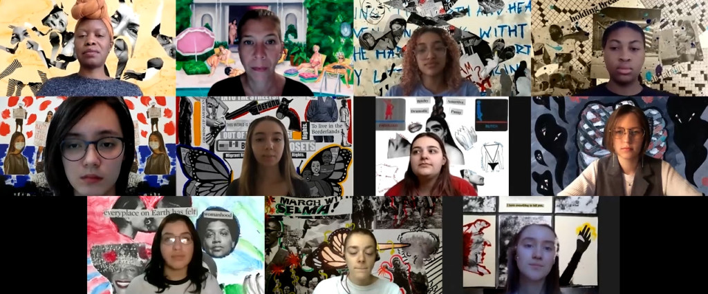 A screenshot of a Zoom call with eleven faces. Behind each person is a collage.